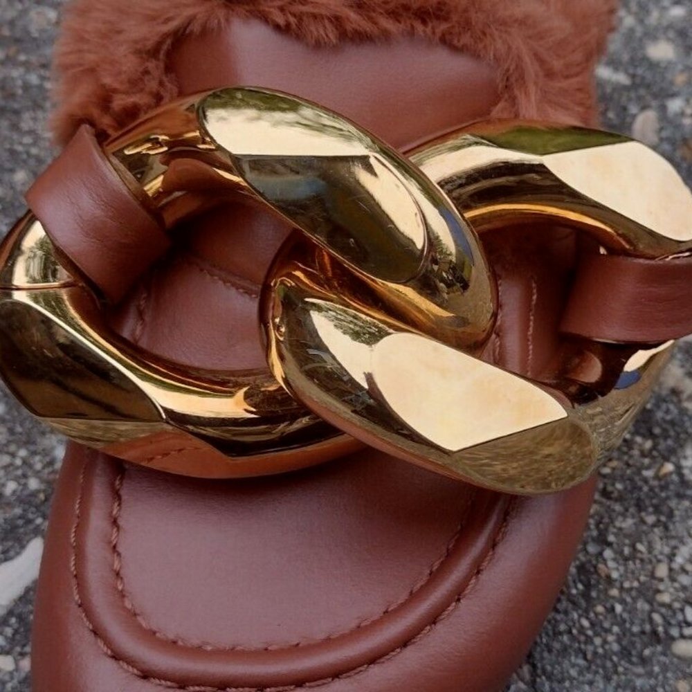 JW Anderson Leather Loafer Shearling Lined Gold Chain Brown Italy NWOT - Picture 7 of 12